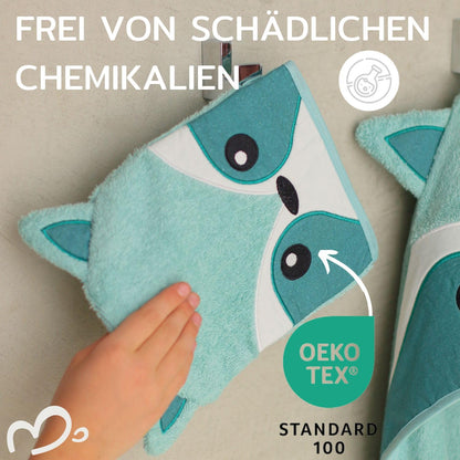 MIRARI Kids Babyhandtuch mit Kapuze und Waschlappen 100x100 cm – Handtuch Rentier aus 100% Baumwolle - REH Badetuch mit Kapuze - Geschenk Geburt - Baby Erstausstattung Neugeborenen Set