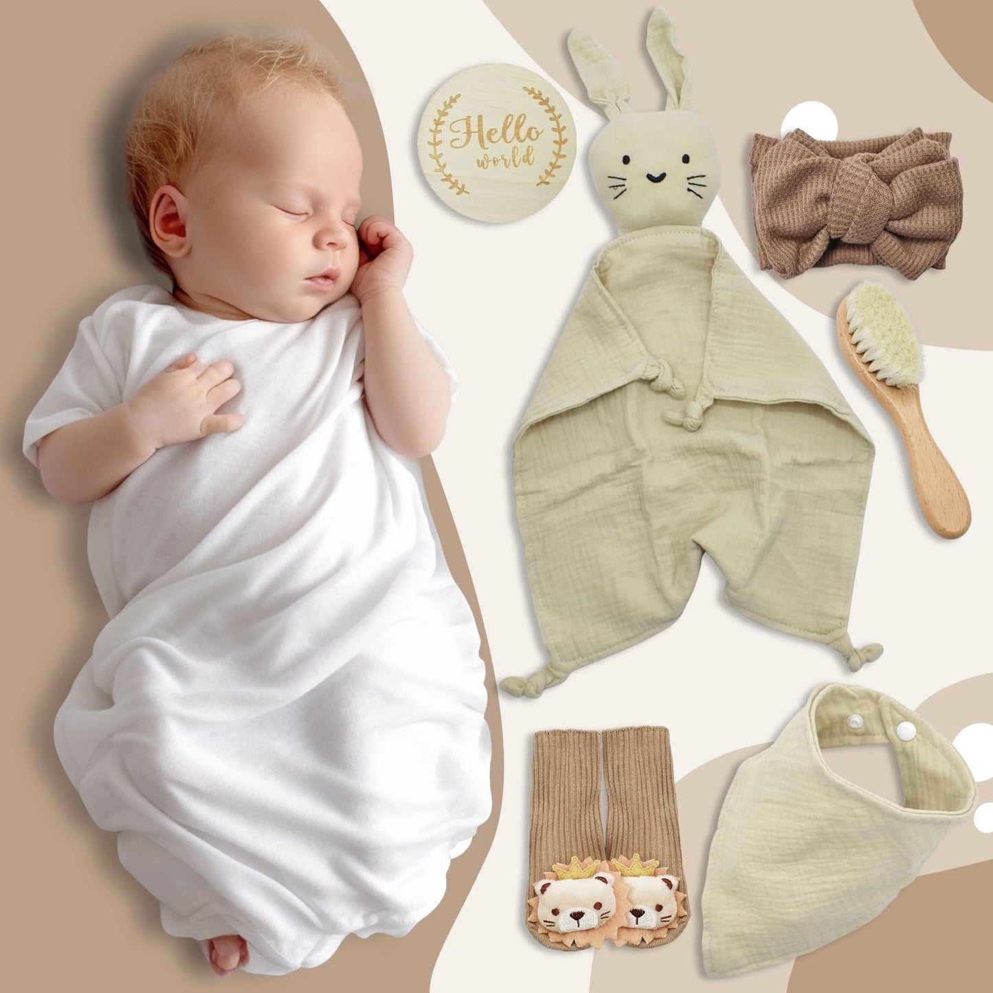 YTACREA Schmusetuch Baby, Baby Geschenk Mädchen Junge Personalisierte Geschenk Neugeborenen mit Schmusetuch, Lätzchen, Turban, Meilensteinkarten, Bürsten und Socken, Khaki