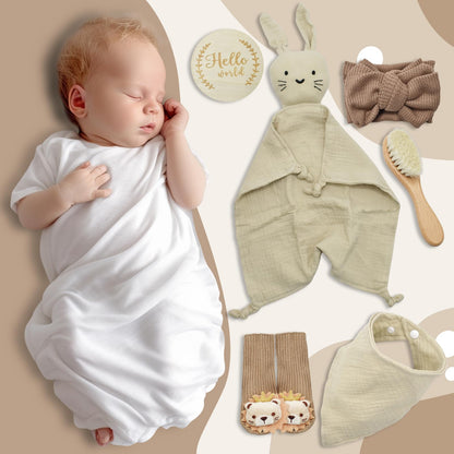YTACREA Schmusetuch Baby, Baby Geschenk Mädchen Junge Personalisierte Geschenk Neugeborenen mit Schmusetuch, Lätzchen, Turban, Meilensteinkarten, Bürsten und Socken, Khaki