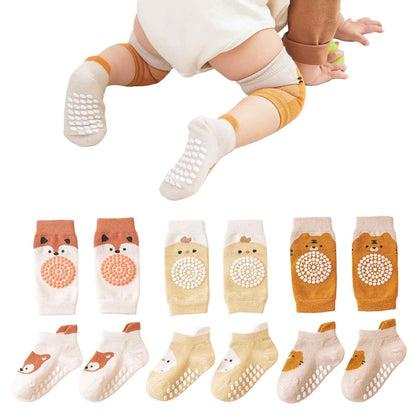 3 Paar Baby Knieschoner und 3 Paar Baby Socken Baby Krabbeln set, Anti Rutsch mit Gummipunkte Krabbelschoner Stulpen Knieschützer für Kleinkinder 0-12 Monate