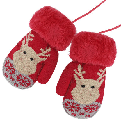 Kids Winter Gloves Mittens Baby Cartoon Mitten Neck Gloves Thick Double Knitted Glove with Plush,0 - 3 years old, Playing, Running, Skiing