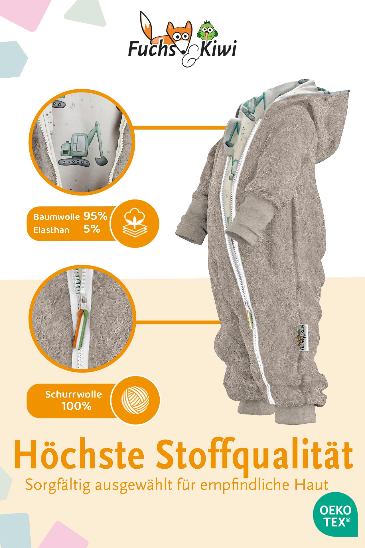Fuchs & Kiwi Walkoverall Baby Boys - Natural Virgin Wool & Jersey Lining - Oeko-Tex, Skin-Friendly - Handmade in Berlin - Wool Walk Overall Baby & Toddler - Winter & Autumn