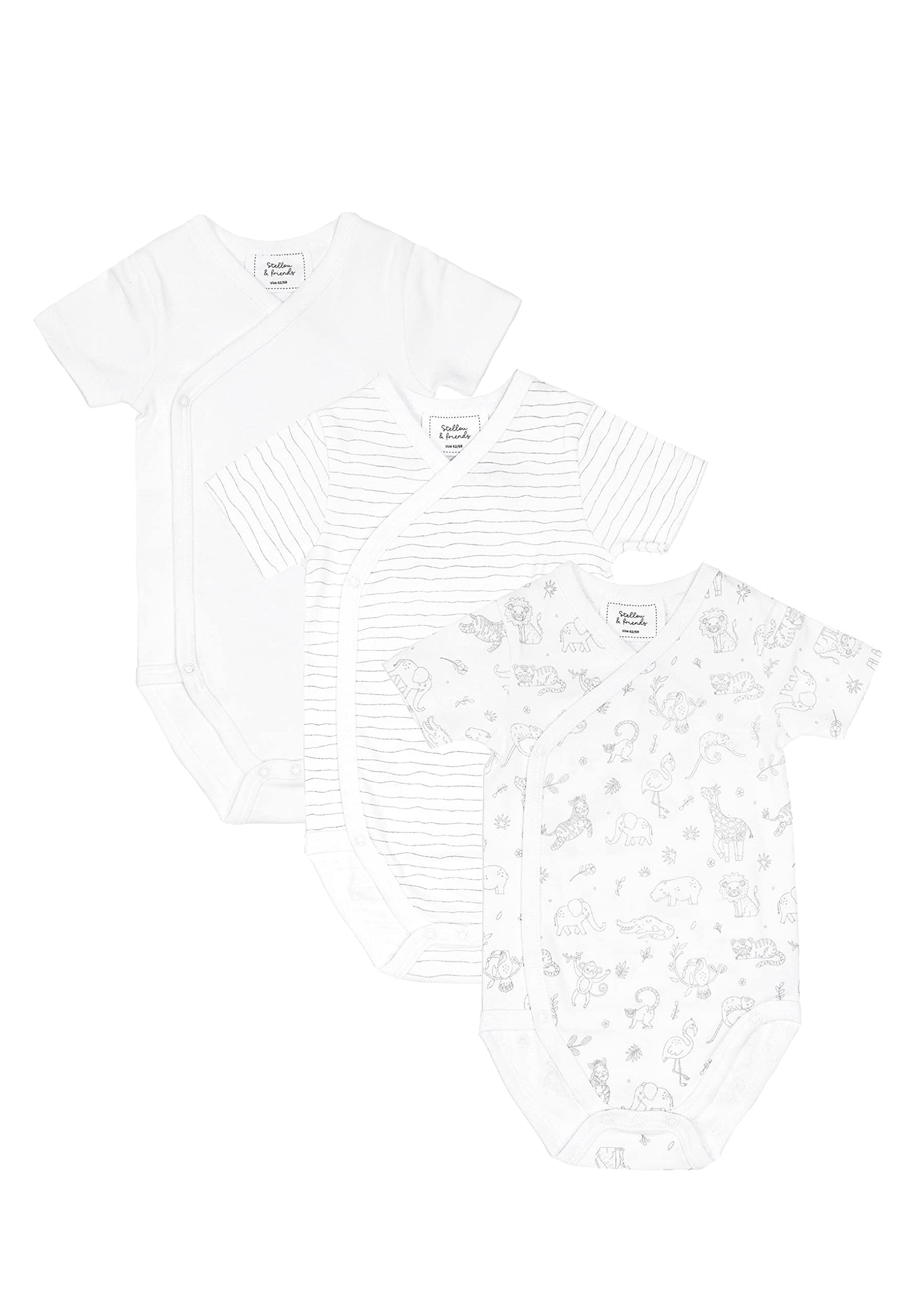 Stellou & friends Baby Body, 100% Bio-Baumwoll Wickelbody 3er MultiSet, kuschelweiche und hochwertige Kinder Kleidung für Jungs und Mädchen, Langarm & Kurzarm-body, OEKO-TEX 100 Zertifiziert