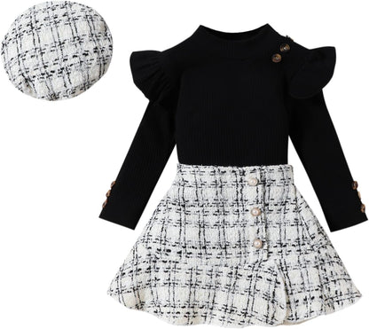 UUAISSO Kleinkind Baby Mädchen Kleidung Langarm Gerippte Oberteile Plaid Tweed Muster Rock Baskenmütze Herbst Knopf Outfits Sets