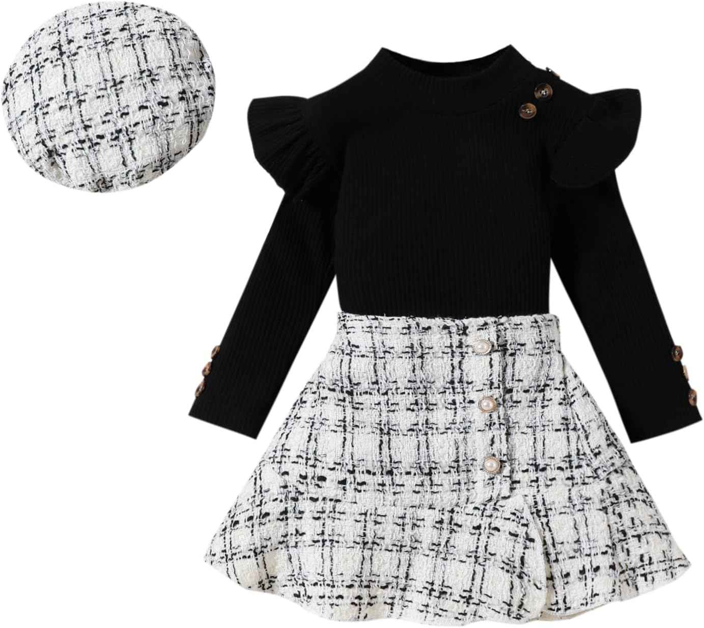 UUAISSO Kleinkind Baby Mädchen Kleidung Langarm Gerippte Oberteile Plaid Tweed Muster Rock Baskenmütze Herbst Knopf Outfits Sets