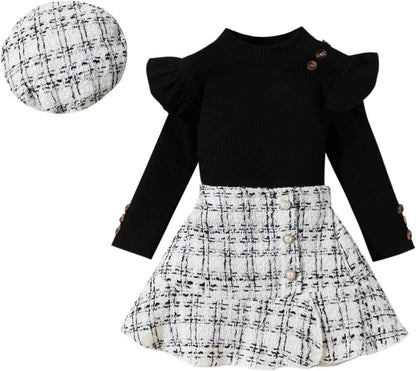 UUAISSO Kleinkind Baby Mädchen Kleidung Langarm Gerippte Oberteile Plaid Tweed Muster Rock Baskenmütze Herbst Knopf Outfits Sets