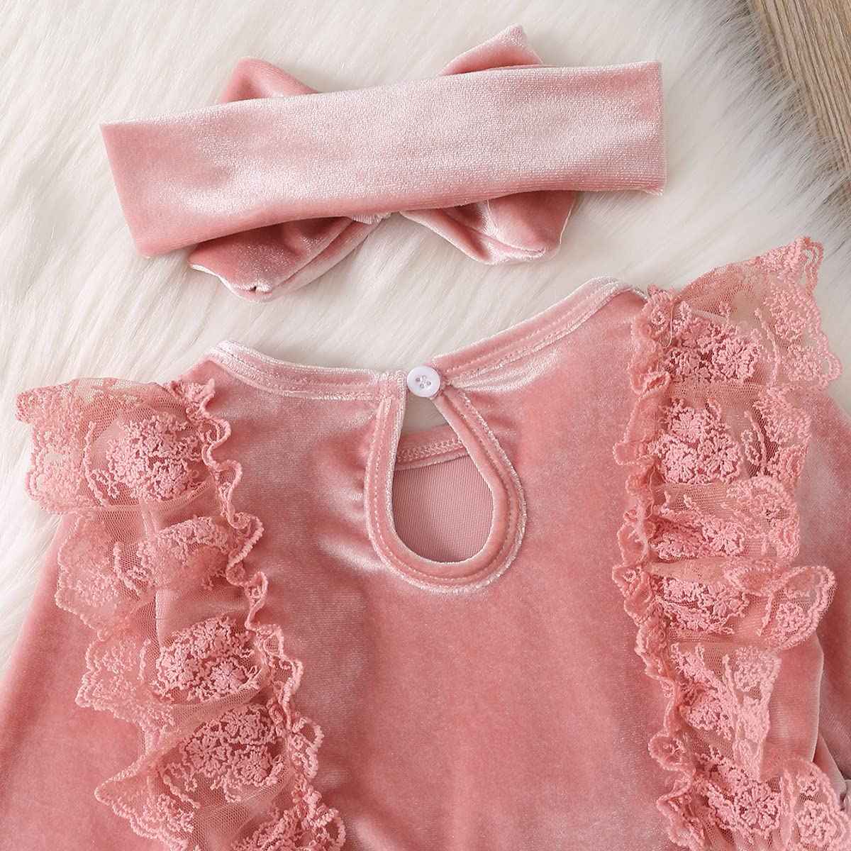 Baby Dress Girls Long Sleeve Lace A Line Princess Velvet Dress + Headband Wedding Festive Autumn Winter Clothing