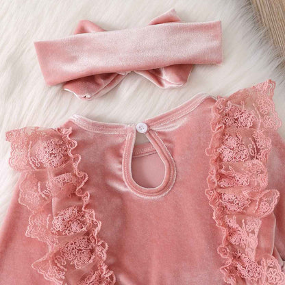 Baby Dress Girls Long Sleeve Lace A Line Princess Velvet Dress + Headband Wedding Festive Autumn Winter Clothing