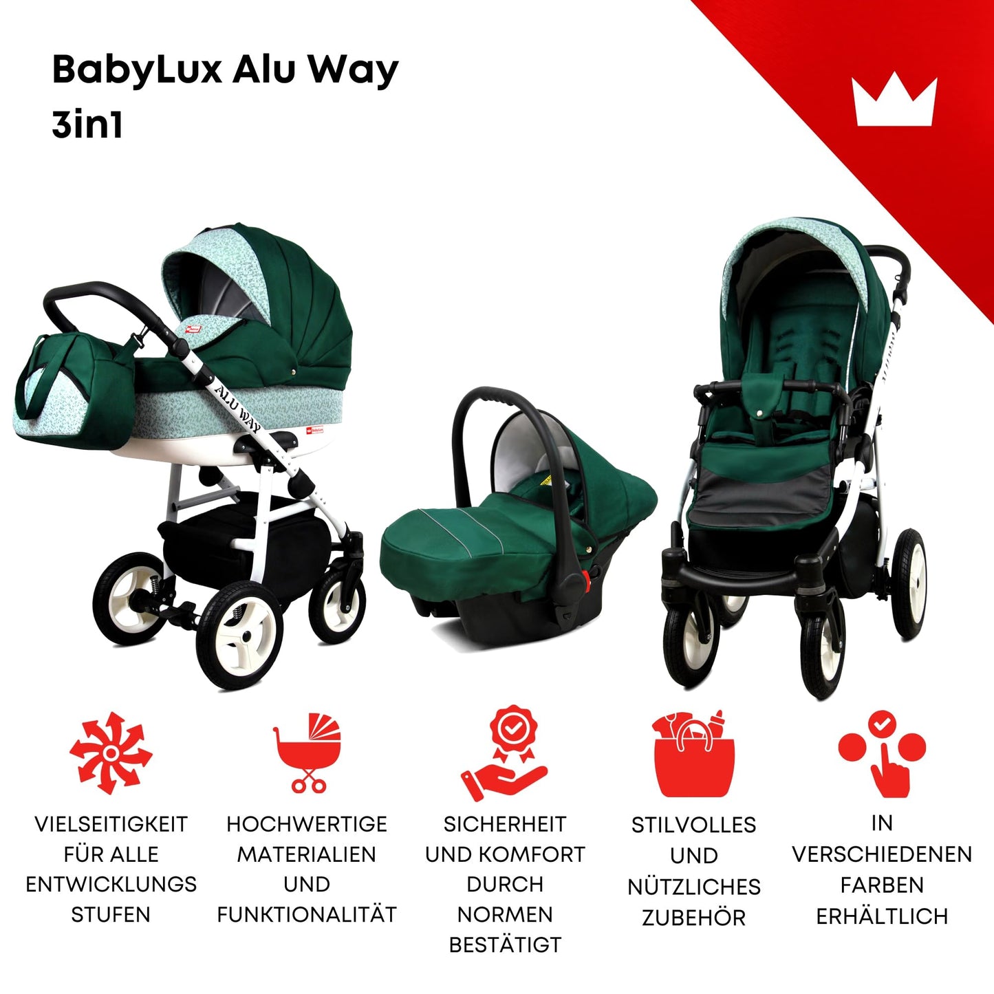 BabyLux® Kinderwagen Set 4 in 1 - Alu Way - incl. Babywanne, Buggy Sportsitz, Auto-Babyschale, ISOFIX-Basisstation - Autositz - Kinderwagenset - Kombikinderwagen mit Wickeltasche usw.