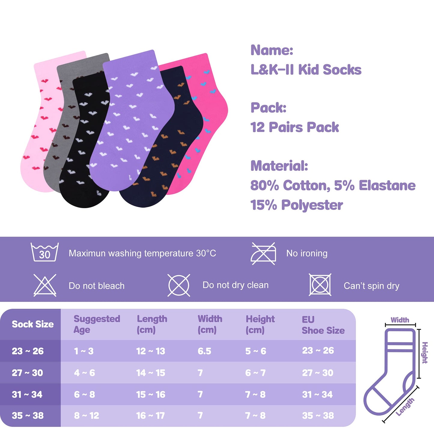 L&K-II 10/12 Paar Kinder Mädchen Socken mit niedlichen Herzmustern Kids Füßlinge Sneakersocken bunt 2825