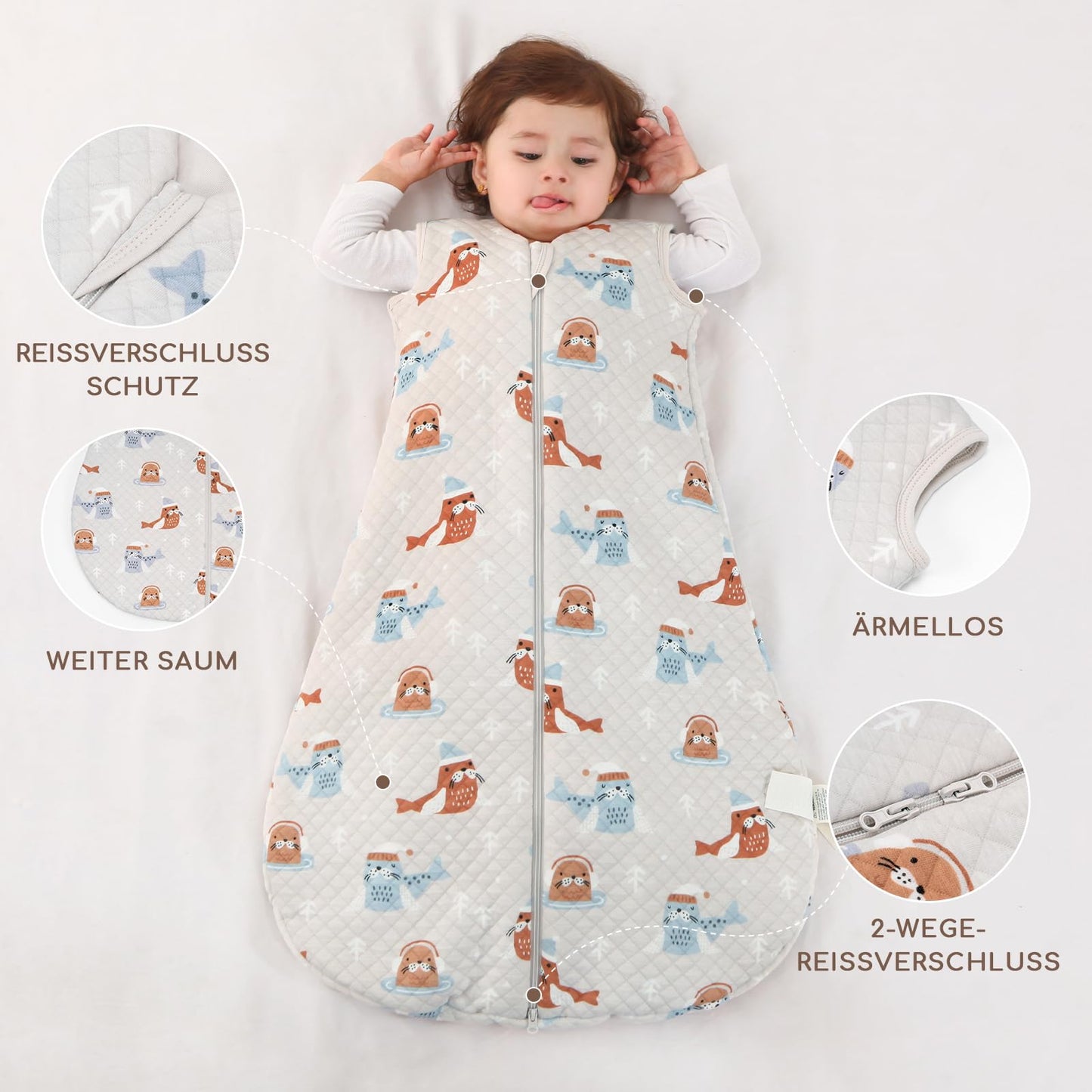 Yukkidds Baby Summer Sleeping Bag, 100% Cotton, 0.5 Tog, beige elephant, 0 - 6 months