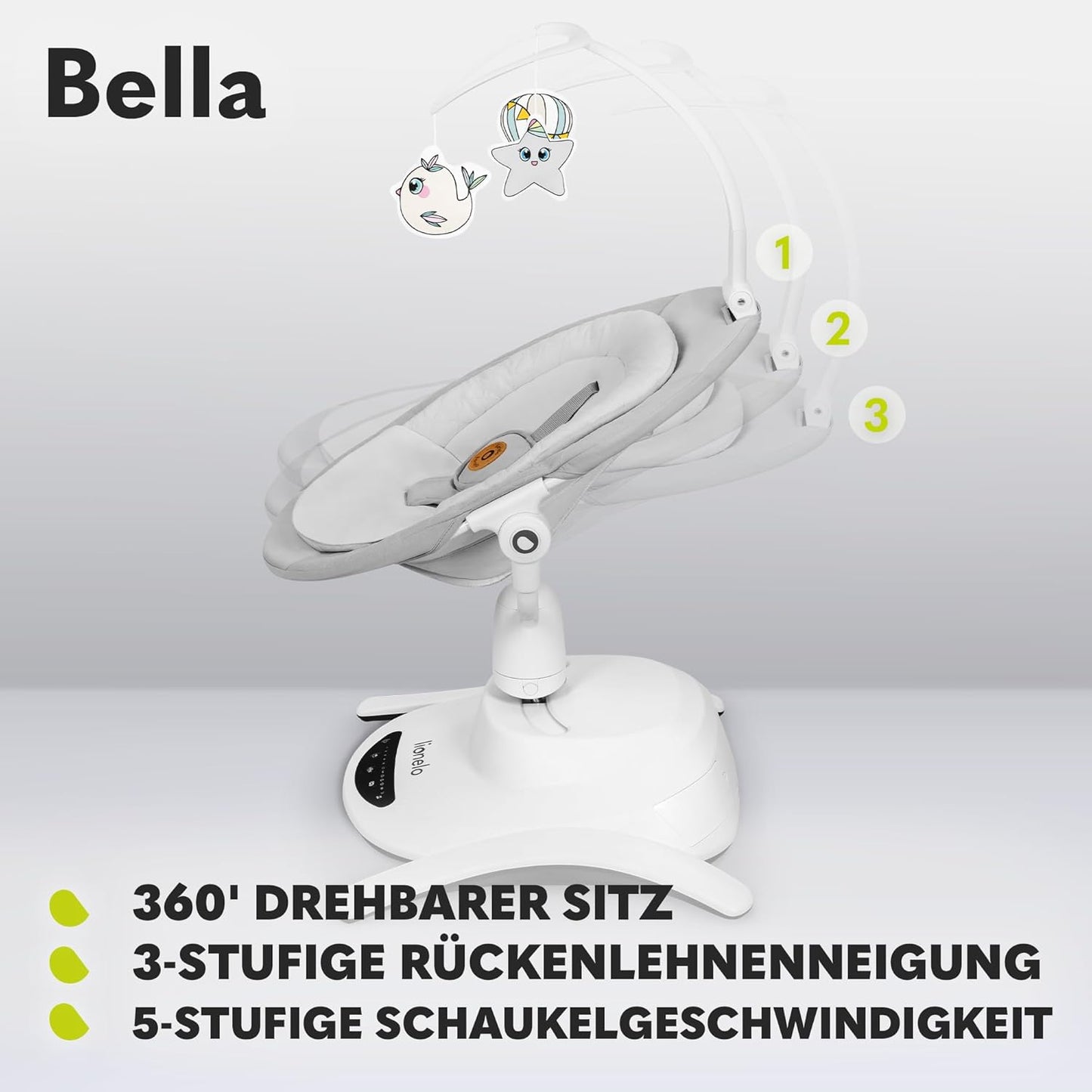LIONELO Bella Elektrische Babywippe 360o für Babys bis 9 kg, verstellbare Rückenlehne, 5 Schaukelgeschwindigkeiten Sicherheitsgurt Erkennung von Bewegungen Anti-Rutsch