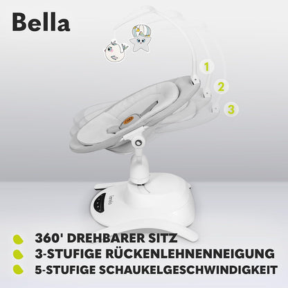 LIONELO Bella Elektrische Babywippe 360o für Babys bis 9 kg, verstellbare Rückenlehne, 5 Schaukelgeschwindigkeiten Sicherheitsgurt Erkennung von Bewegungen Anti-Rutsch