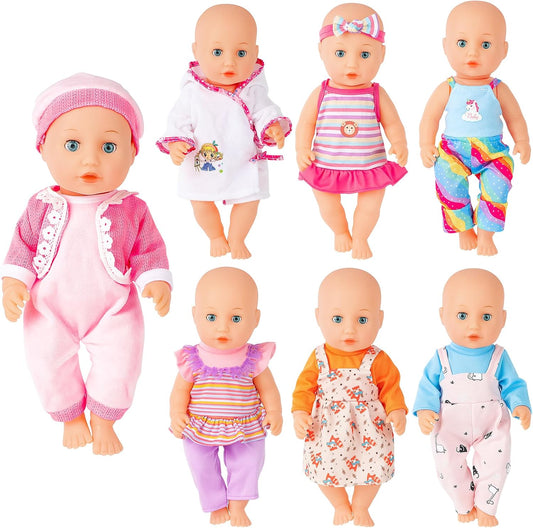 deAO Puppenkleidung Set für 36 cm Babypuppen, 14 Zoll Puppen Kleidung Outfit Zubehör Kleider, Hosen, Badeanzug, Geschenk für Rollenspiele ab 3 Jahre Mädchen(Puppe Nicht inklusive) | 7 Stück