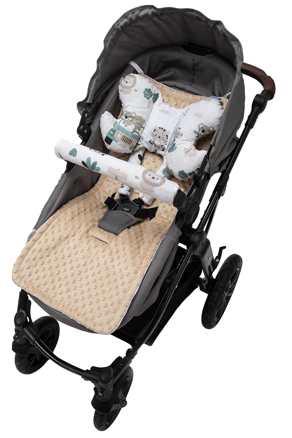 Sitzauflage Kinderwagen Buggy Baby Sommer Kindersitz Einlage Universal - 5tgl Gurtpolster + Spielbogen Kinderwagenset Babyschale (Safari mit beige Minky)