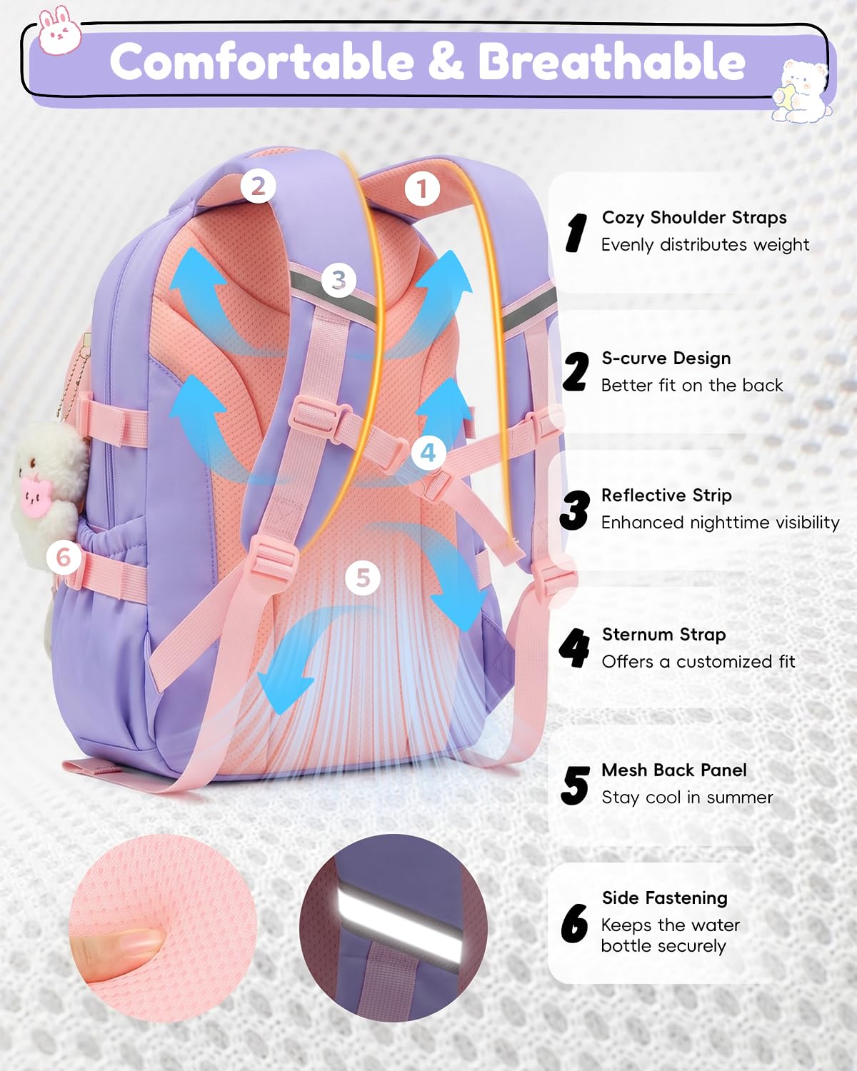 Tanou Schultasche Mädchen, Wasserabweisender Nylon Kinder Schulranzen, 20L | Leichter Schulrucksack für Mädchen der 2. bis 5. Klasse, Rucksack Schule mit Anhänger, Blau