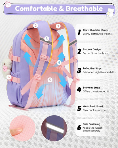 Tanou Schultasche Mädchen, Wasserabweisender Nylon Kinder Schulranzen, 20L | Leichter Schulrucksack für Mädchen der 2. bis 5. Klasse, Rucksack Schule mit Anhänger, Blau