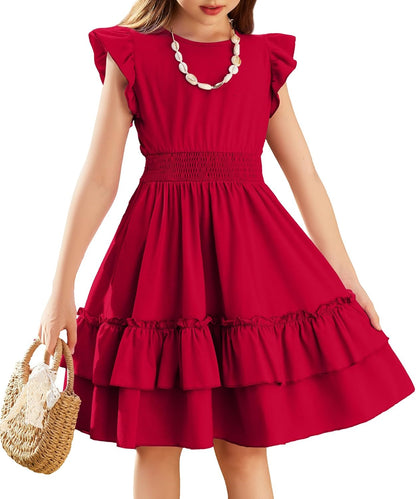Arshiner Girls Dresses Flutter Sleeves Kids Summer Cotton Formal Dress A-Line Waist Lace-up Casual Dress Swing Dress Elegant Sleeveless Dress for Girls 5-13 Years 