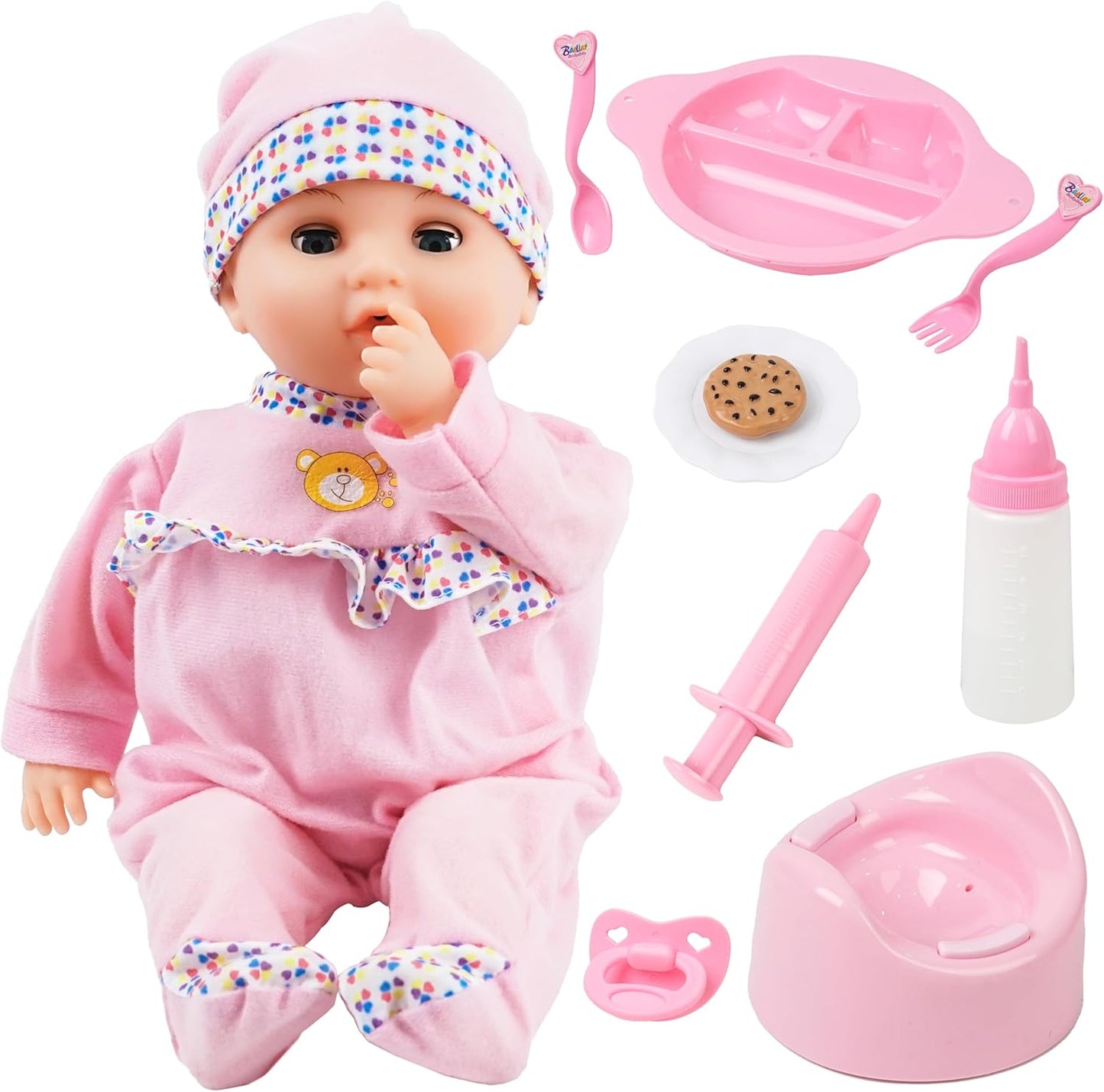 Toy Choi's Baby Puppe – Sprechende 40cm Puppen für Mädchen ab 2 Jahren mit Geräuschen und lustigem Fütterungszubehör, weiches Babypuppen Spielzeug für Kleinkinder und Kinder