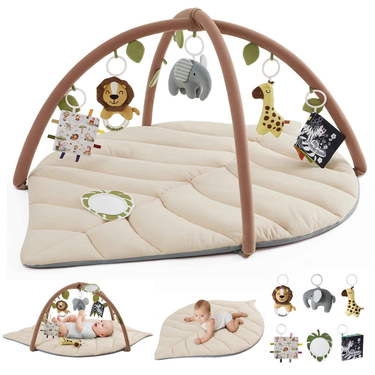 Blissful Diary Spielbogen Baby, Übergroßes Blattförmiges Spieldecke Baby Gym Activity Decke mit 6 Abnehmbare Spielzeuge, krabbeldecke Unverzichtbare Babygeschenke, Waldgrün