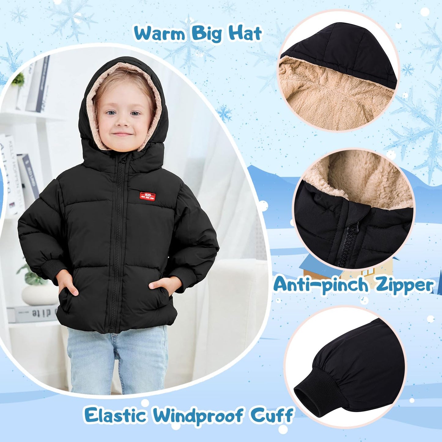 kids4ever Baby Winter Jacket Coat Zip Hooded Jacket Windproof Warm Fleece Outerwear Snowsuit with Two Pockets for Boys Girls 12 Months - 5 Years