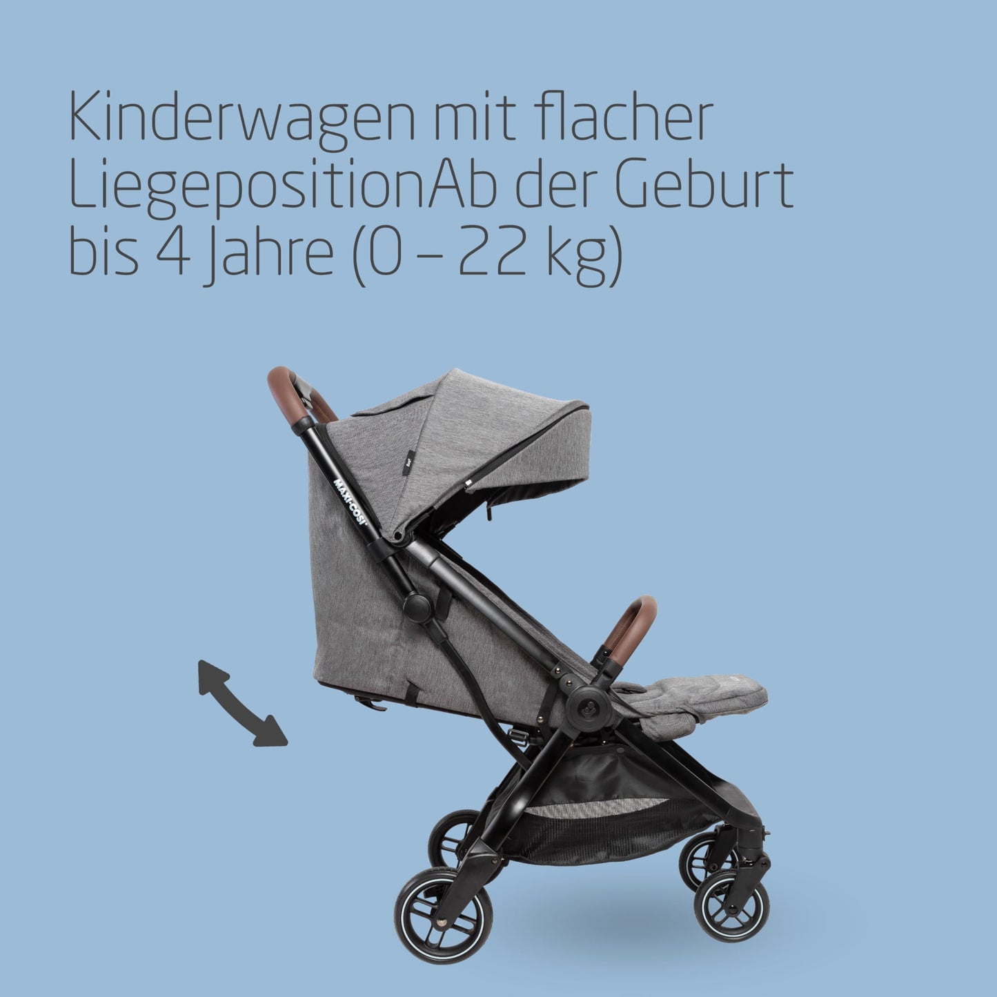 Maxi-Cosi Eva3 Pushchair, 0-4 Years, 0-22 kg, Baby Pram, Lightweight and Compact, Flat Reclining Position, 3 Reclining Positions, Automatic with 1 Hand Folding, Carry Strap, Select Grey