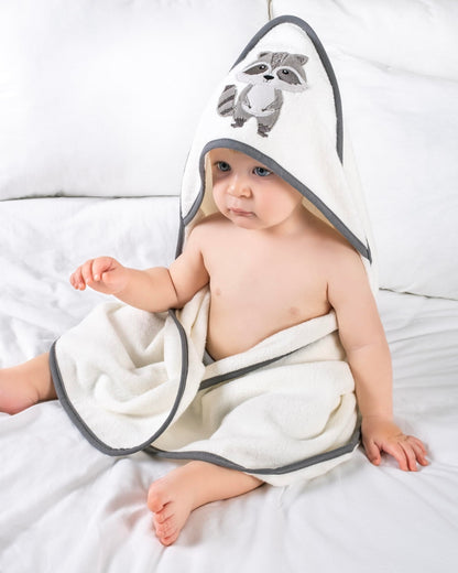 LAYNENBURG Premium Kapuzenhandtuch Baby - Badehandtuch aus 100% Baumwolle - Oeko TEX - Handtuch mit Kapuze für Neugeborene & Kinder - Badetuch, Babyhandtuch Mädchen, Jungen (Waschbär 80 x 80cm)
