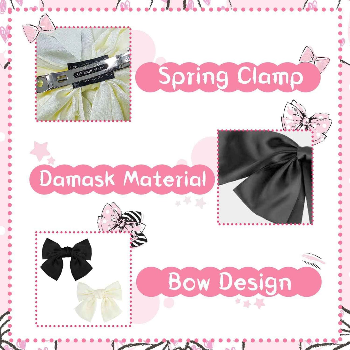 Bow Hair Clip, Pack of 2 Women Hair Bows Large Bow Hair Clip French Hair Clips Girls Hair Clips (Black + White)