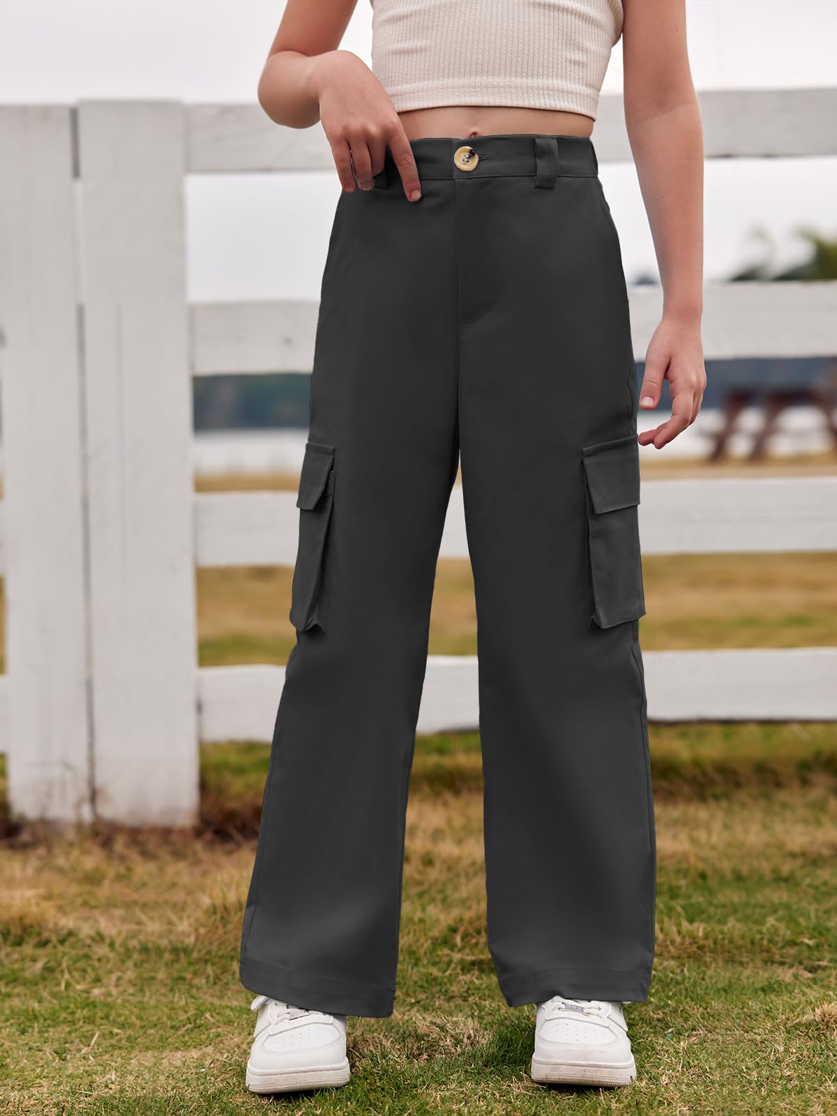 Haloumoning Mädchen Cargohose Baumwoll Y2K Baggy Cargo Hose Kinder Straight Leg Hohe Taille Jogginghose Casual Outdoorhose mit Elastische Taille und Taschen