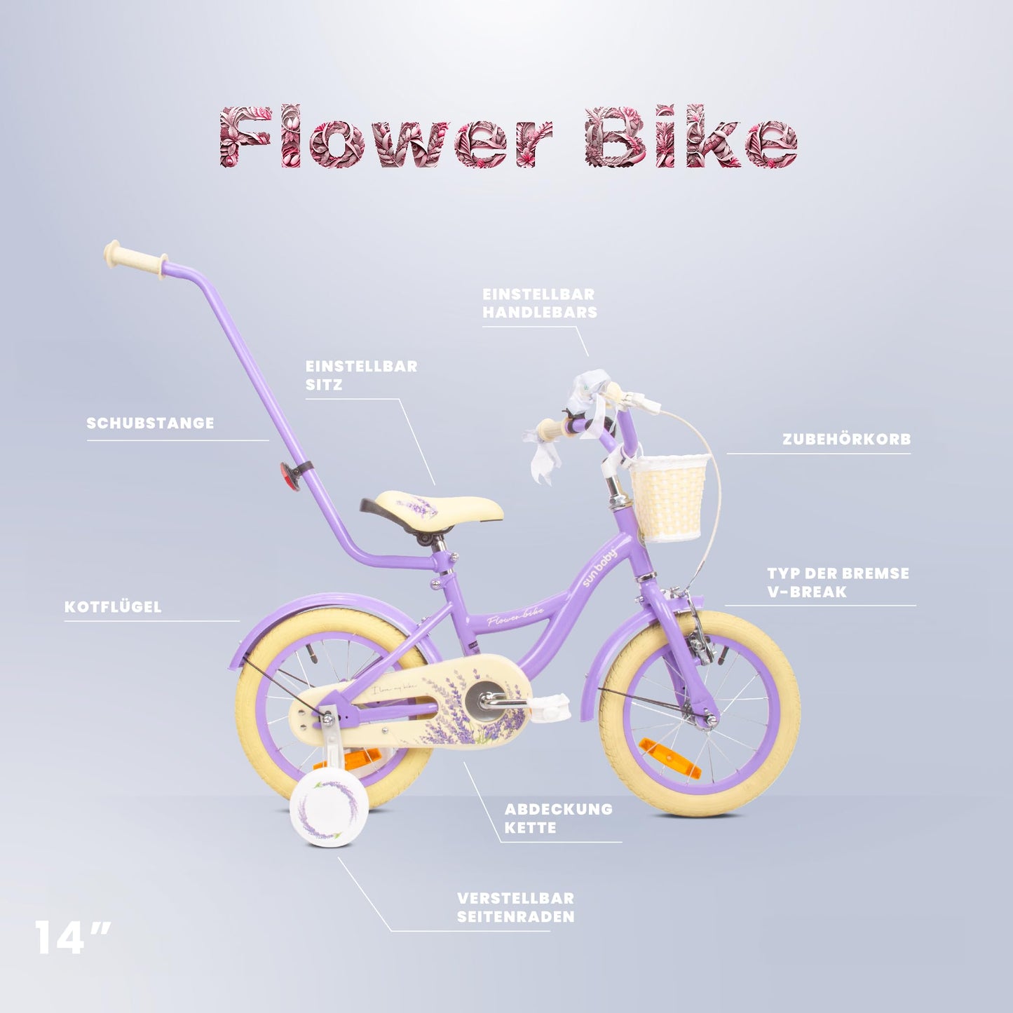 sun baby Mädchenfahrrad Flower Bike Radgröße zur Auswahl, mit Abnehmbarer Schubstange, Kinderfahrrad für Mädchen von 2 bis 6 Jahre
