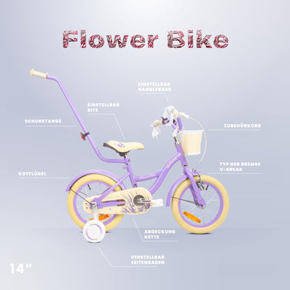 sun baby Mädchenfahrrad Flower Bike Radgröße zur Auswahl, mit Abnehmbarer Schubstange, Kinderfahrrad für Mädchen von 2 bis 6 Jahre