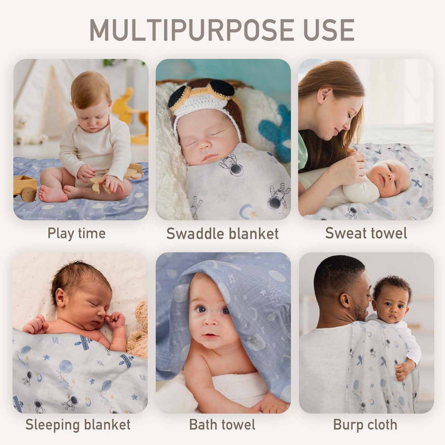 GLLQUEN Musselintücher für Babys, 6 Stück Spucktücher aus Baumwolle 70 cm x 70 cm, saugfähig und atmungsaktiv und ideal zum Reinigen, Abwischen und Abdecken von Neugeborenen