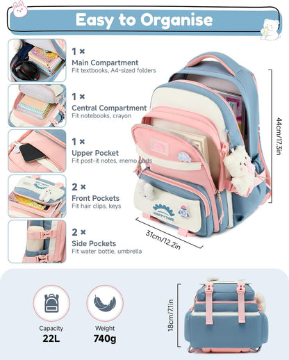 Tanou Schultasche Mädchen, Wasserabweisender Nylon Kinder Schulranzen, 20L | Leichter Schulrucksack für Mädchen der 2. bis 5. Klasse, Rucksack Schule mit Anhänger, Blau