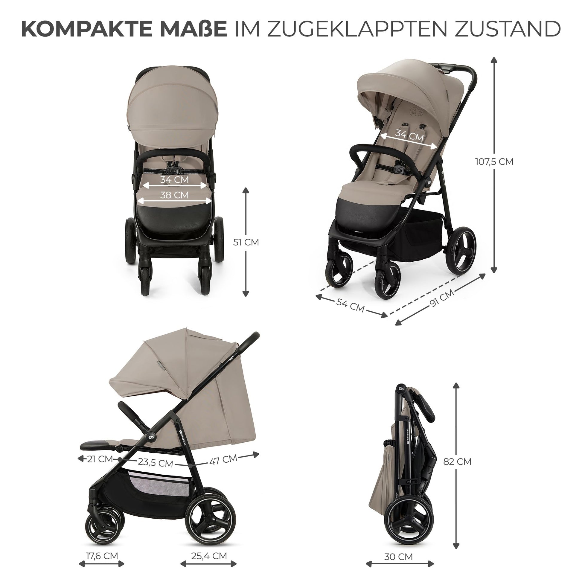 Kinderkraft TRIG 3 Kinderwagen, Kinderbuggy, Liegewagen, Sportwagen, Buggy, Zusammenklappen, Breite und tiefe Sitz, mit Liegeposition, 4 Rad Dämpfung, Große Dach, 5-Punkt-Gurt, bis zu 25 kg, Beige - Meloni2