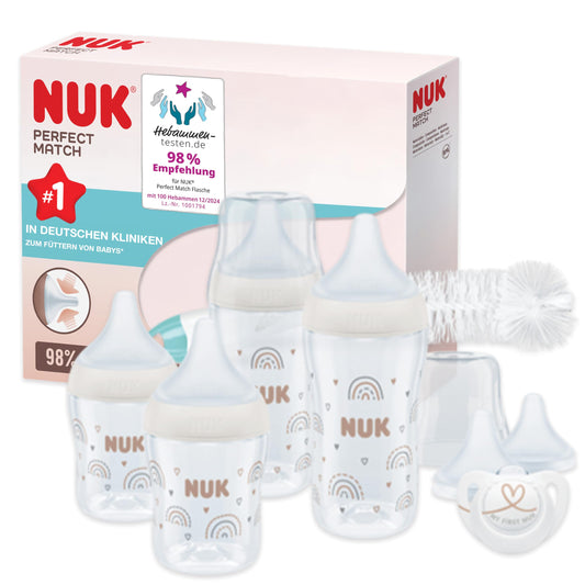NUK Perfect Match Perfect Start Babyflaschenset | Ab 0 Monate | Passt sich dem Baby an | 4 Anti-Kolik-Babyflaschen, Schnuller, Flaschenbürste und mehr | BPA-frei | 9 Stück