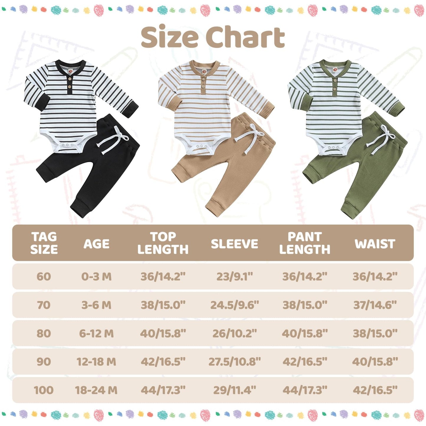 JiAmy Baby Boys' Clothing Long Sleeve Striped Bodysuit Romper + Trousers Outfit Set Newborn Soft Cotton Baby Clothing 0-24 Months