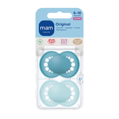 MAM Original Schnuller im 2er-Set, zahnfreundlicher Baby Schnuller aus nachhaltigen & bio-erneuerbaren Materialien, Sauger aus MAM SkinSoft Silikon, mit Schnullerbox, 0-6 Monate, Hase/Reh