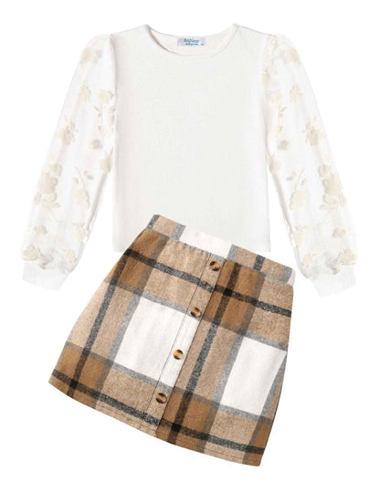 Arshiner Girls' Clothing Sets Elegant Long Sleeve Shirt with Skirt Set Children's Autumn Winter Outfit Checked Leisure Fashion Two Piece Clothing Sets for Girls 5-13 Years