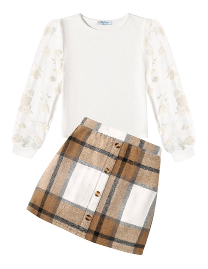 Arshiner Girls' Clothing Sets Elegant Long Sleeve Shirt with Skirt Set Children's Autumn Winter Outfit Checked Leisure Fashion Two Piece Clothing Sets for Girls 5-13 Years