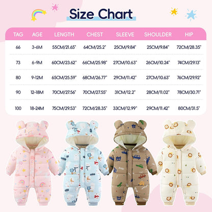 JiAmy Baby Snowsuit, Toddler Winter Romper Girls Boys Winter Jumpsuit with Hood Long Sleeve Jumpsuit Cute Prints for 3-24 Months