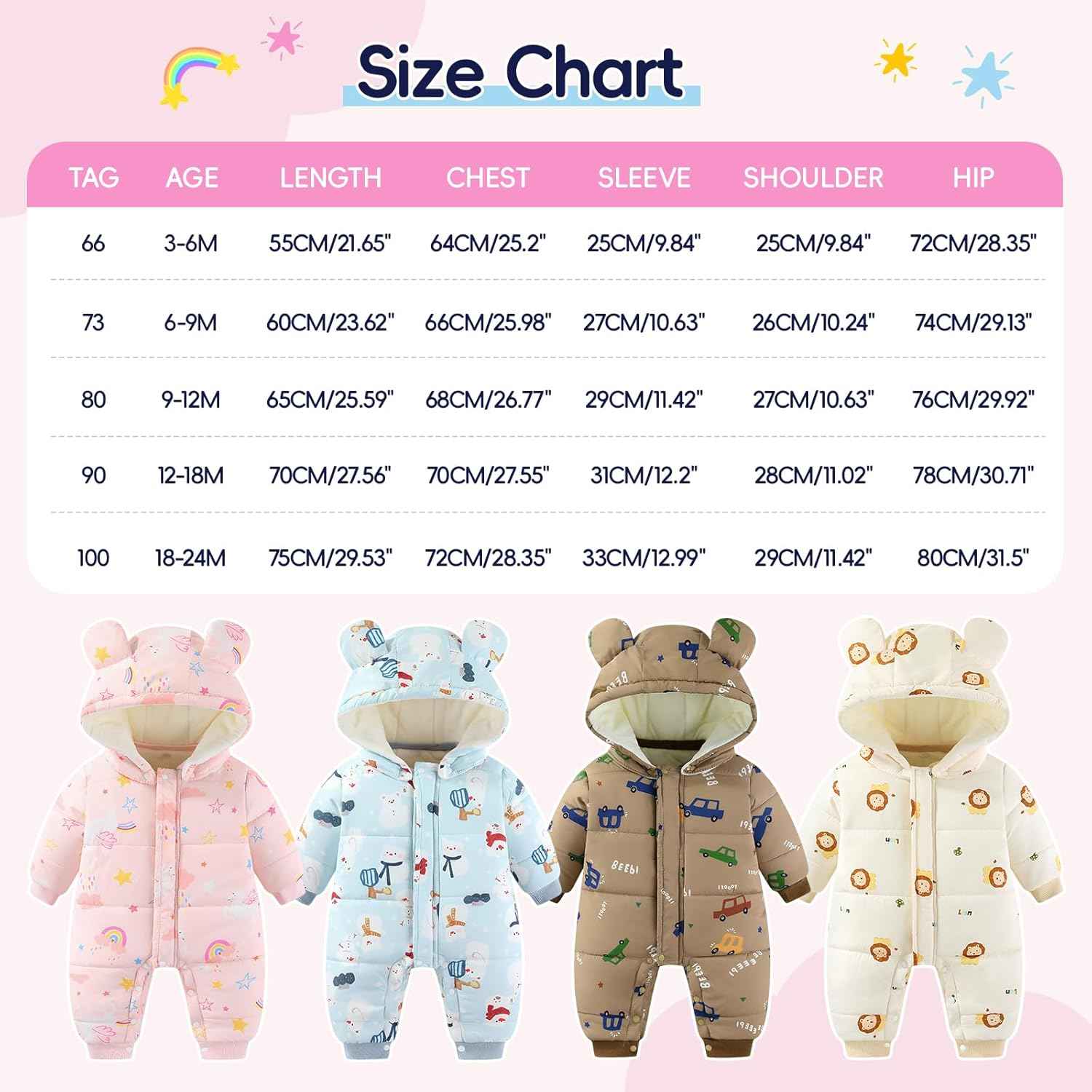 JiAmy Baby Snowsuit, Toddler Winter Romper Girls Boys Winter Jumpsuit with Hood Long Sleeve Jumpsuit Cute Prints for 3-24 Months