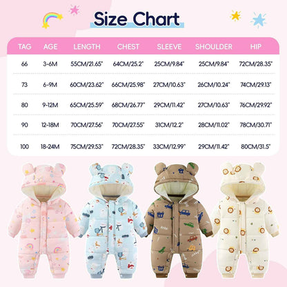 JiAmy Baby Snowsuit, Toddler Winter Romper Girls Boys Winter Jumpsuit with Hood Long Sleeve Jumpsuit Cute Prints for 3-24 Months