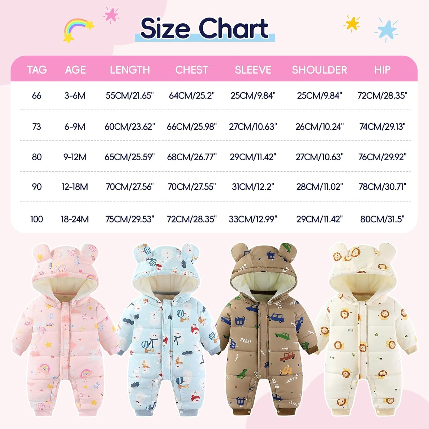 JiAmy Baby Snowsuit, Toddler Winter Romper Girls Boys Winter Jumpsuit with Hood Long Sleeve Jumpsuit Cute Prints for 3-24 Months