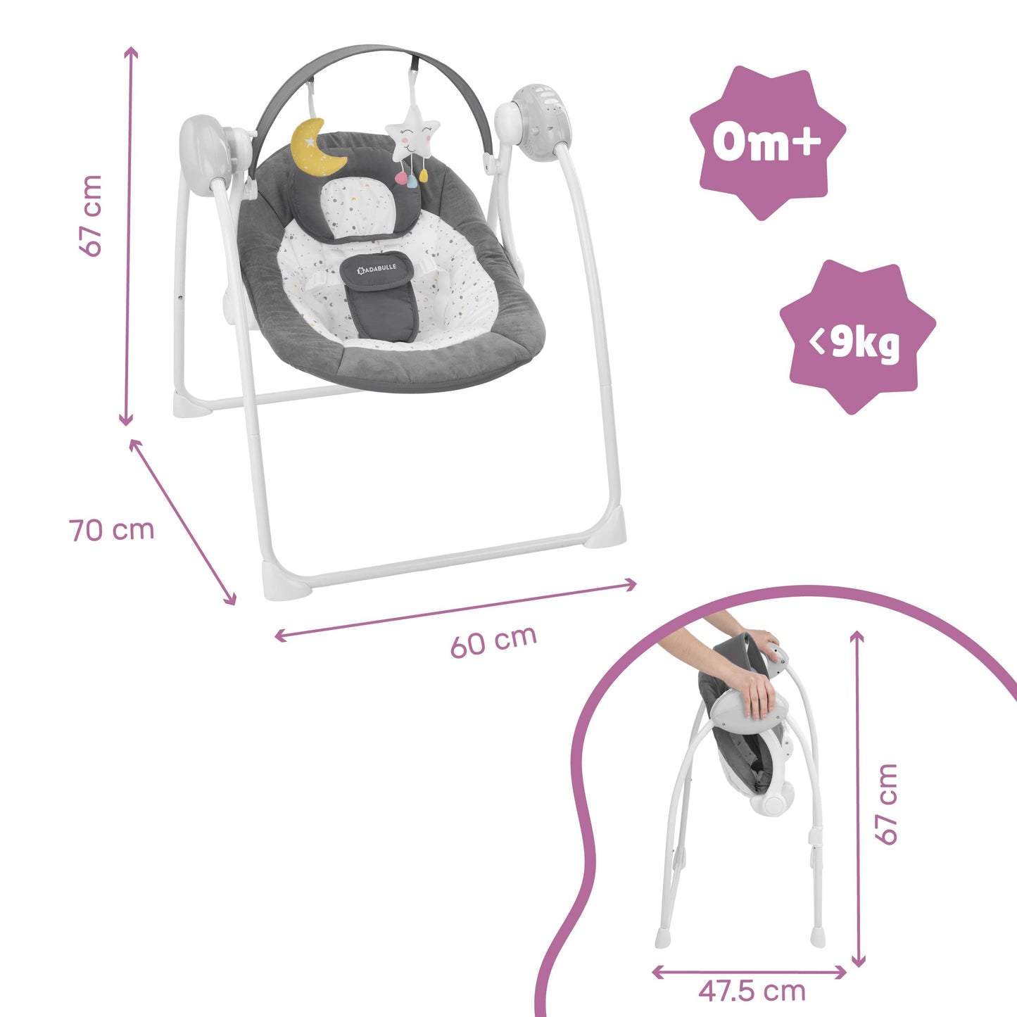Badabulle Comfort Moonlight electric baby bouncer and baby swing, with 3 swing speeds, timer and 8 melodies