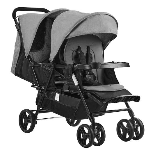 VEVOR Sibling Stroller, Foldable Twin Pushchair with Tandem Seat, Adjustable Backrest/Footrest, Seat Belt, Storage Basket and Tray, for Newborn and Toddlers (Dark Grey)