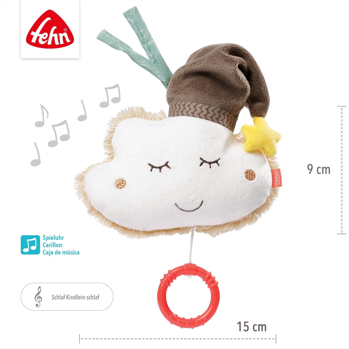 Fehn Spieluhr Baby Einschlafhilfe Schaf - Kuscheltier mit sanfter Einschlafhilfe Melodie "Guten Abend, gut´ Nacht" - Babyspielzeug für Unterwegs und Zuhause - Musikspielzeug für Babys und Kleinkinder