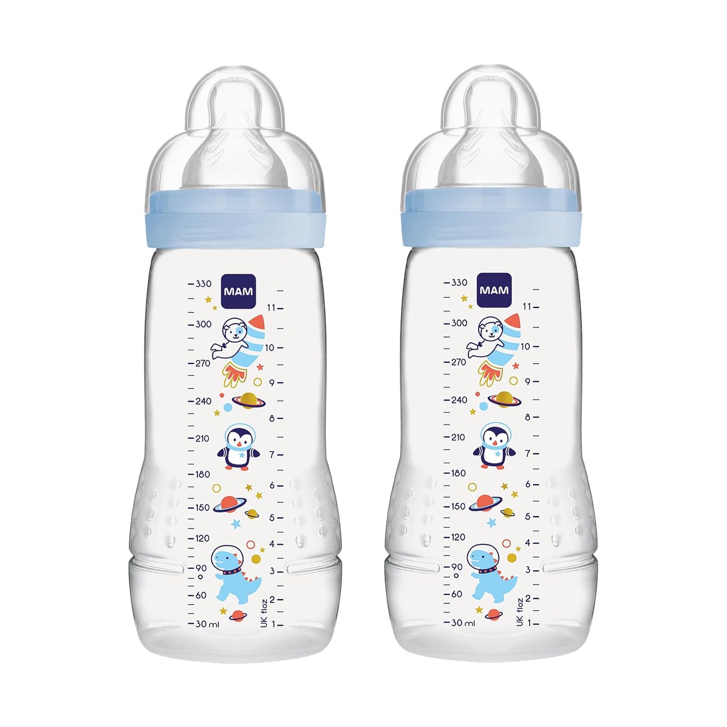 MAM Easy Active Trinkflasche im 2er-Set (330 ml), Baby Trinkflasche inklusive MAM Sauger Größe 2 aus SkinSoft Silikon, Milchflasche mit ergonomischer Form, 4+ Monate, Weltall - Meloni2