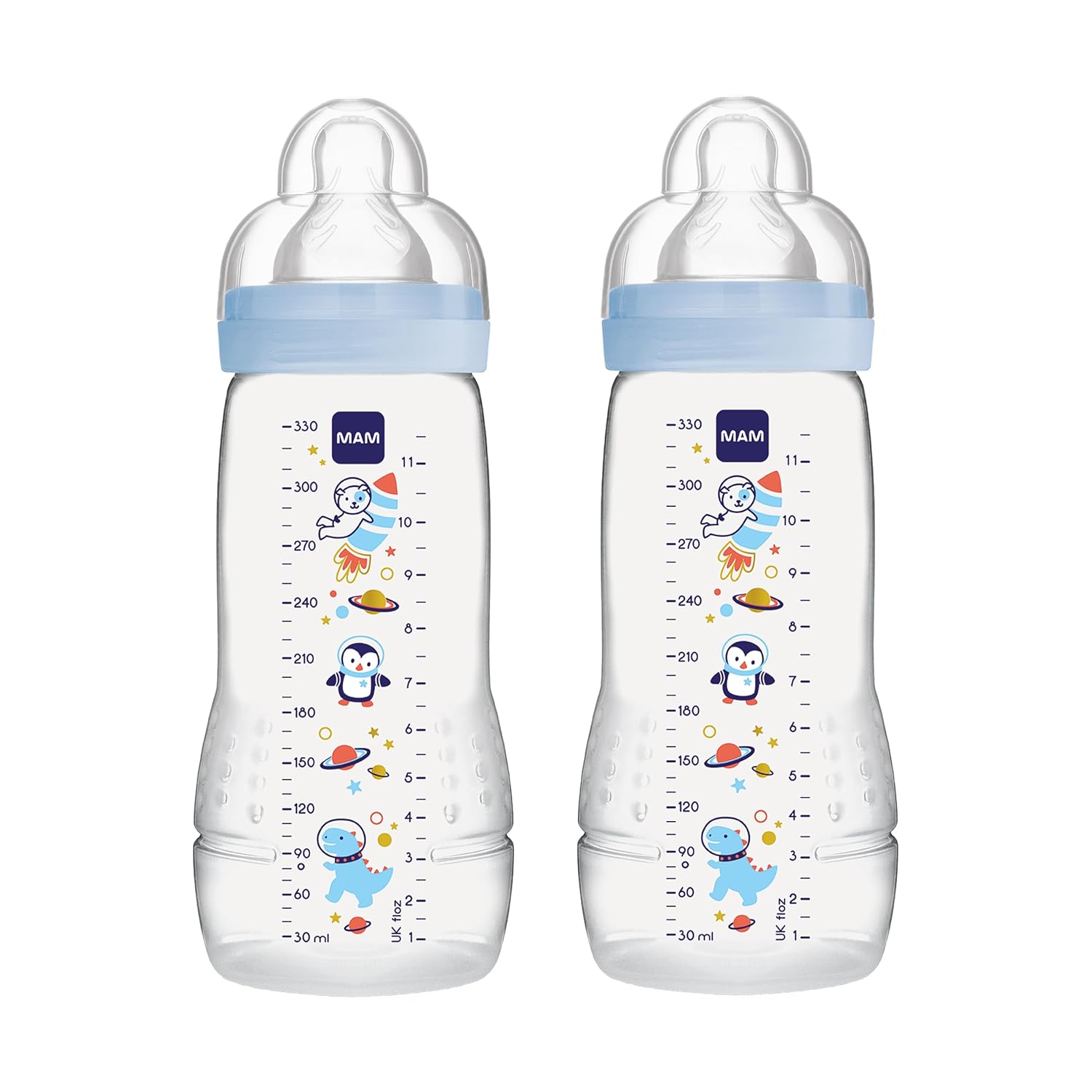 MAM Easy Active Trinkflasche im 2er-Set (330 ml), Baby Trinkflasche inklusive MAM Sauger Größe 2 aus SkinSoft Silikon, Milchflasche mit ergonomischer Form, 4+ Monate, Weltall - Meloni2