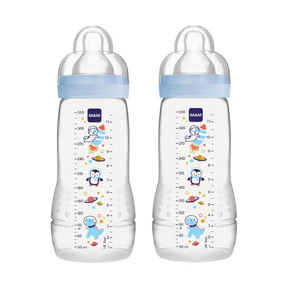 MAM Easy Active Trinkflasche im 2er-Set (330 ml), Baby Trinkflasche inklusive MAM Sauger Größe 2 aus SkinSoft Silikon, Milchflasche mit ergonomischer Form, 4+ Monate, Weltall - Meloni2