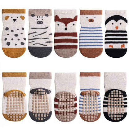 Pack of 5 Baby Toddler ABS Non-Slip Socks, Trainer Socks, Animal Motifs, Cotton
